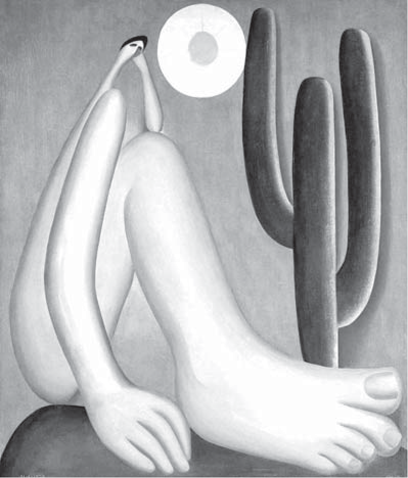 Reprodução em preto e branco do quadro Abaporu, de Tarsila do Amaral: uma figura humana sentada, de cabeça minúscula, braço e pé enormes em primeiro plano, ao lado de um cacto alto, sob um sol redondo.