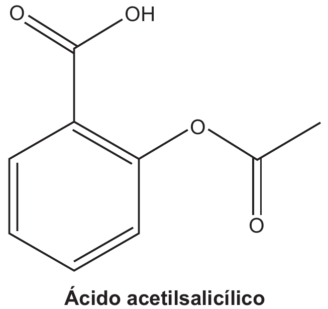 Estrutura química do ácido acetilsalicílico com sua identificação impressa.