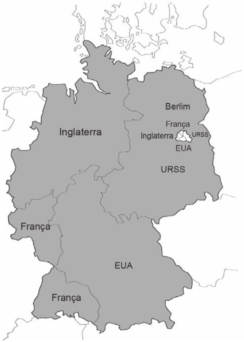 Mapa da Alemanha do pós-guerra, em cinza sobre fundo branco, dividido por linhas em quatro zonas, cada uma com o nome da potência que a ocupa. Berlim, dentro da zona oriental, aparece destacada em branco e repartida em quatro partes menores, também identificadas.

Zonas: Inglaterra (noroeste); URSS (leste); França (oeste e sudoeste); EUA (sul).
Berlim, repartida entre França, Inglaterra, EUA e URSS.
