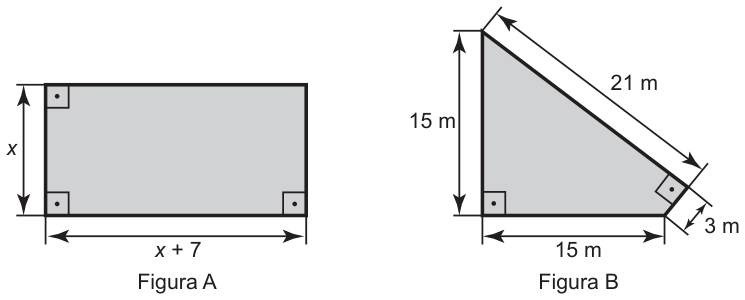 Figura A: retângulo de largura x e comprimento x + 7, com ângulos retos marcados. Figura B: quadrilátero formado por um triângulo retângulo de catetos 15 m (vertical) e 15 m (horizontal) e, junto ao vértice inferior direito, um pequeno lado de 3 m perpendicular ao lado inclinado de 21 m; ângulos retos marcados no canto inferior esquerdo e entre o lado de 3 m e o de 21 m.
