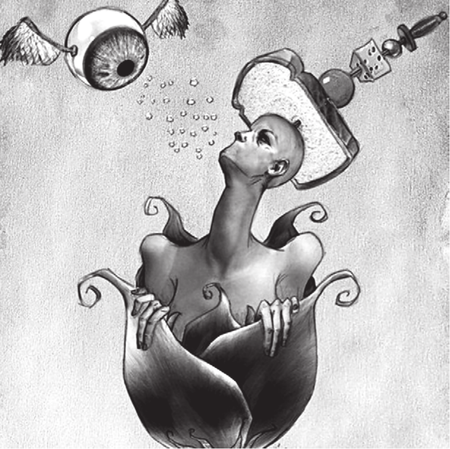 Ilustração a lápis, em tons de cinza. Uma figura humana de cabeça raspada, pescoço longo e olhar voltado para cima emerge de dentro de uma flor fechada, segurando as pétalas com as mãos. Sobre a cabeça equilibra uma fatia de pão de forma atravessada por um espeto com uma bolinha, um dado e uma cereja. Acima, à esquerda, flutua um olho com asas de penas; entre o olho e a figura há um rastro de pequenas estrelas ou pontos brilhantes.