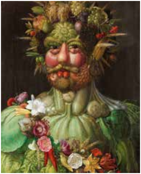 Pintura de Giuseppe Arcimboldo: retrato em busto de um homem, sobre fundo escuro, cujo rosto e corpo são inteiramente formados por frutas, legumes, cereais e flores; frutas compõem nariz, bochechas e boca, espigas e cachos de uva formam os cabelos, e legumes e flores formam o pescoço, o peito e os ombros.