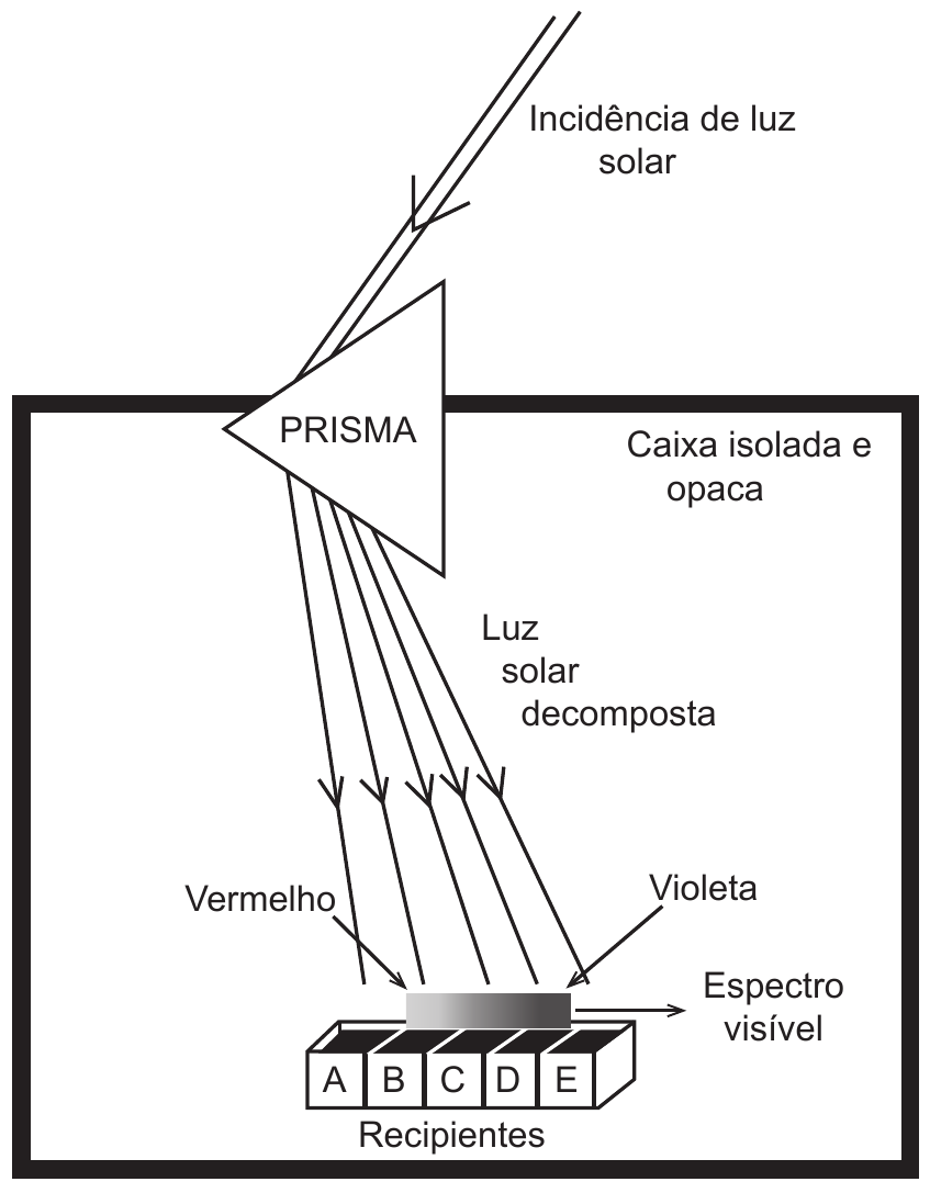 Esquema do experimento. No alto, à direita, a legenda Incidência de luz solar acompanha dois raios paralelos que descem da esquerda para a direita e atingem um prisma triangular identificado como PRISMA, apoiado na borda superior de uma caixa retangular de parede grossa, rotulada Caixa isolada e opaca. Do prisma partem quatro raios divergentes, identificados como Luz solar decomposta, que descem até uma faixa horizontal em degradê sobre uma fileira de cinco recipientes justapostos, rotulados da esquerda para a direita A, B, C, D e E, com a legenda Recipientes abaixo. O rótulo Vermelho aponta para a extremidade esquerda da faixa e o rótulo Violeta para a extremidade direita; uma seta horizontal à direita da faixa indica Espectro visível.