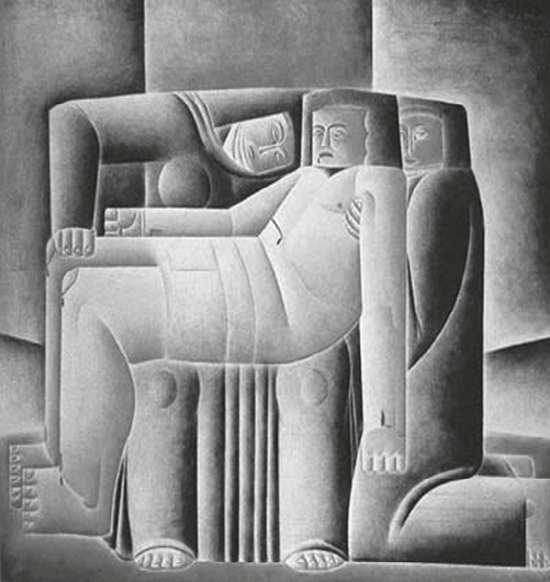 Reprodução em preto e branco da pintura Pietà, de Vicente do Rego Monteiro: figuras de formas geométricas e volumes cilíndricos; o corpo de Cristo, deitado, é sustentado por três figuras de rostos simplificados e simétricos, com panejamento em planos retos.