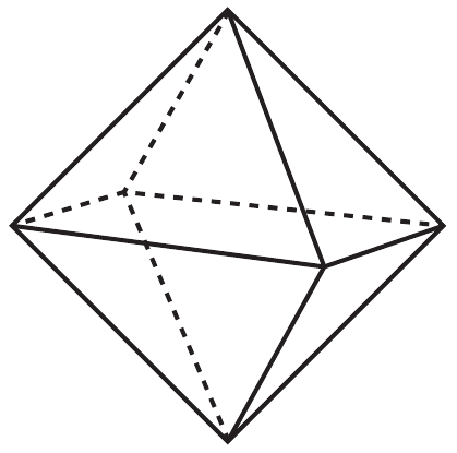 Octaedro com arestas visíveis contínuas e arestas ocultas tracejadas.