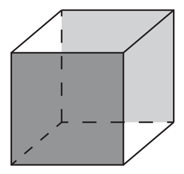 Cubo desenhado em perspectiva, com arestas ocultas tracejadas: a face da frente está pintada de cinza escuro e a face de trás, oposta a ela, de cinza claro; as demais faces são brancas.