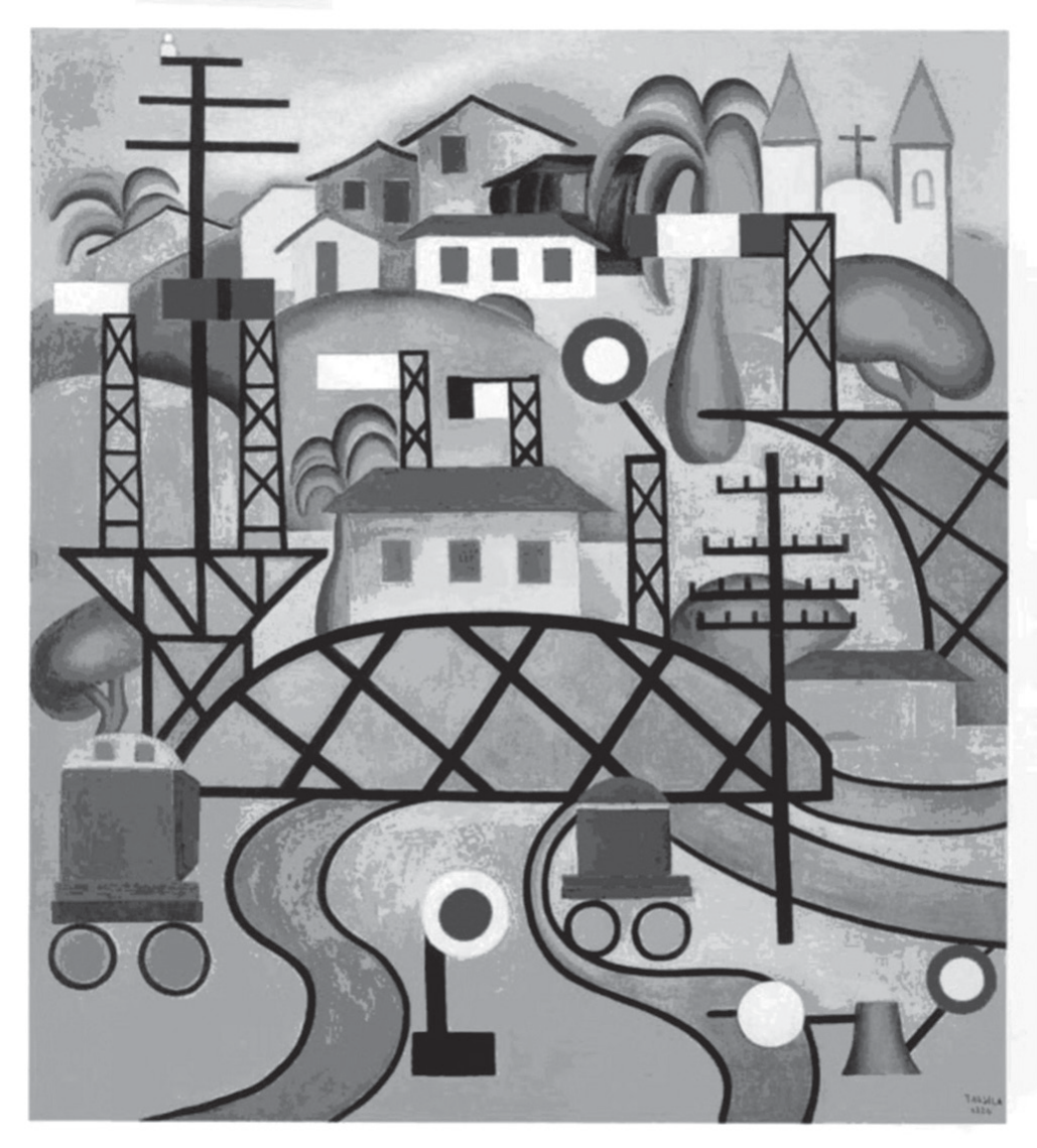Pintura de Tarsila do Amaral (EFCB, 1924), em tons de cinza na reprodução: paisagem com casas geométricas e uma igreja de duas torres ao fundo, árvores arredondadas, postes e torres metálicas em treliça, uma ponte de ferro com estrutura cruzada, trilhos e caminhos sinuosos, sinais luminosos circulares e dois vagões nos cantos inferiores; formas simplificadas que se sobrepõem em vários planos.