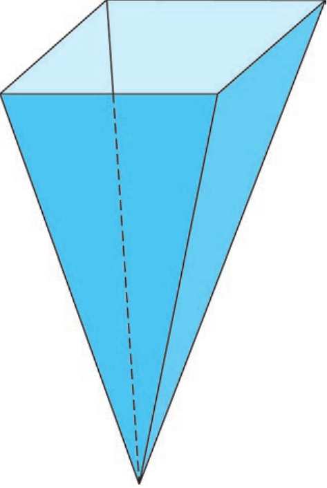 Pirâmide azul de base quadrada desenhada em perspectiva com o vértice voltado para baixo e a base (abertura) em cima, paralela ao solo; uma aresta traseira aparece tracejada.