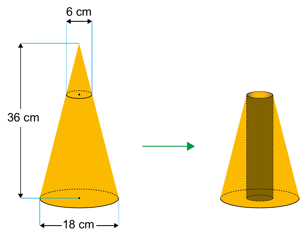 Esquema da escultura em tronco de cone.
Tronco de cone com as medidas usadas na construção e perfuração cilíndrica central.
