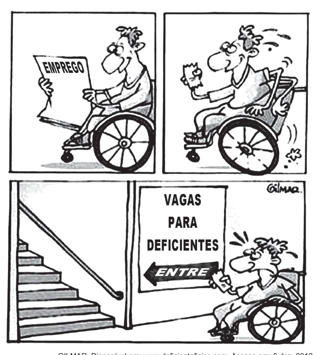 Cartum em três quadros, em preto e branco. No primeiro, um homem em cadeira de rodas lê, sorrindo, um jornal com o anúncio "EMPREGO". No segundo, ele avança animado com a cadeira de rodas, segurando o recorte do anúncio. No terceiro, ele para, surpreso, diante de uma escada sem rampa; ao lado, uma placa com os dizeres "VAGAS PARA DEFICIENTES" e uma seta com a palavra "ENTRE" apontando para a escada. Assinatura "Gilmar".