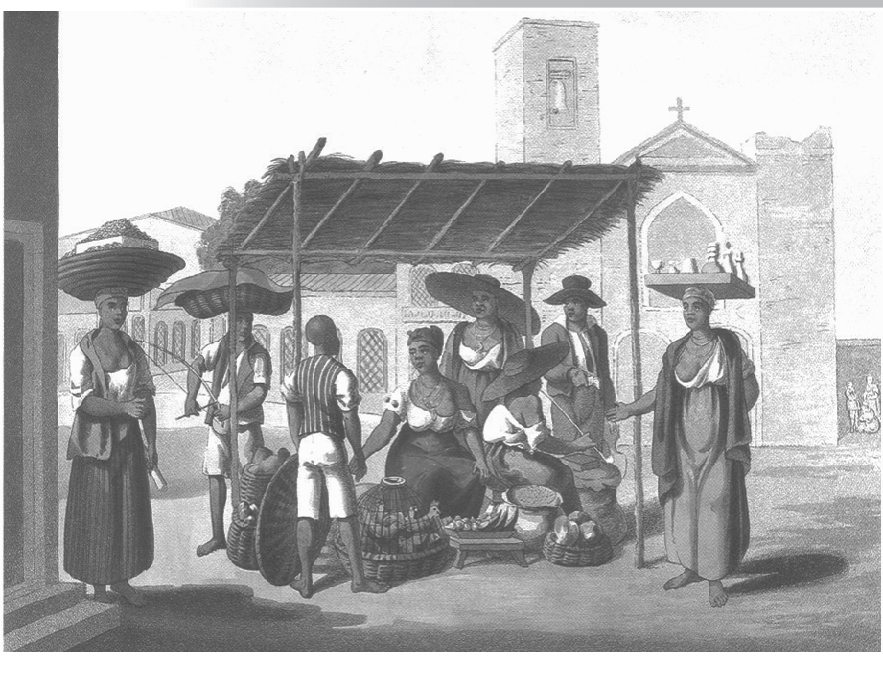 Aquarela de Jean-Baptiste Debret retratando uma rua de cidade brasileira no início do século XIX. Sob um toldo de palha sustentado por estacas, homens e mulheres negros vendem alimentos e mercadorias: mulheres com tabuleiros e cestos na cabeça, uma vendedora sentada junto a cestos de frutas, um homem carregando um cesto grande e outro com um chapéu de aba larga; um homem branco de chapéu e casaco negocia com os vendedores. Ao fundo aparecem casas com sacadas e a torre de uma igreja.