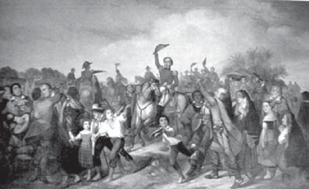Pintura em tons de cinza: D. Pedro I, montado a cavalo e erguendo o chapéu, no centro de uma multidão de homens, mulheres e crianças de diferentes grupos sociais que aplaudem e agitam os braços; ao fundo, cavaleiros e bandeiras sob céu nublado.