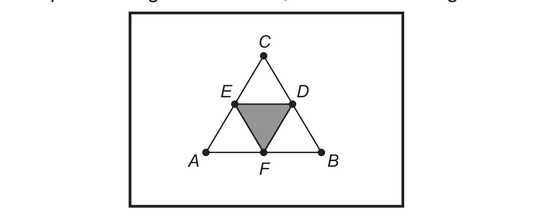 Triângulo equilátero ABC dentro de uma moldura retangular, com C no topo, A à esquerda e B à direita. D é o ponto médio de BC, E o de AC e F o de AB; os segmentos DE, EF e FD formam um triângulo central invertido, pintado de cinza.