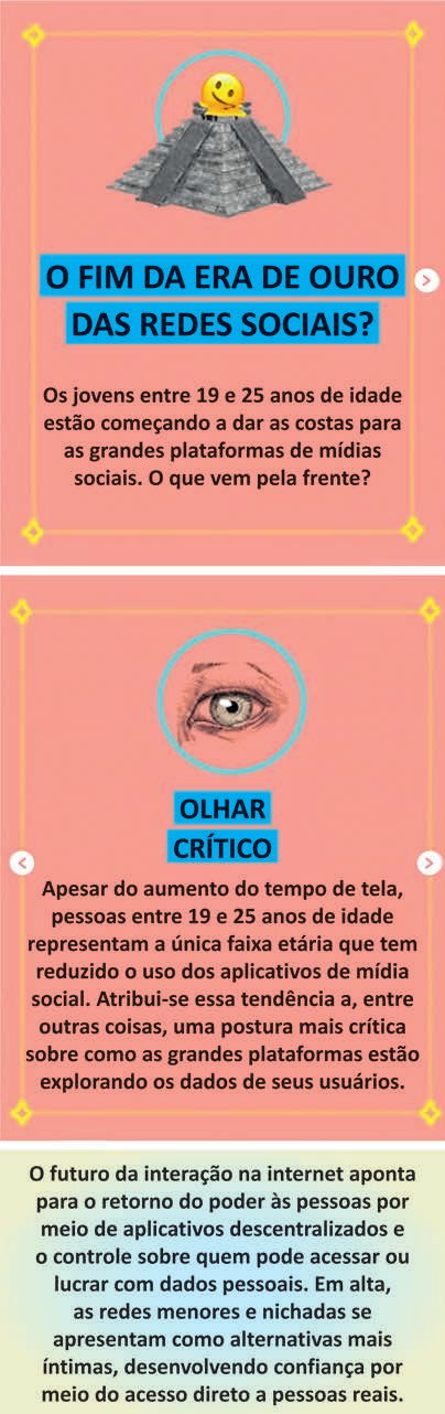 Carrossel de três cartões de rede social, com moldura rosa e cantos em losango amarelo. Primeiro cartão: sobre a foto de uma pirâmide mesoamericana com um emoji amarelo derretendo no topo, o letreiro em destaque azul “O FIM DA ERA DE OURO DAS REDES SOCIAIS?” e o texto “Os jovens entre 19 e 25 anos de idade estão começando a dar as costas para as grandes plataformas de mídias sociais. O que vem pela frente?”. Segundo cartão: foto de um olho humano dentro de um círculo, o letreiro em destaque azul “OLHAR CRÍTICO” e o texto “Apesar do aumento do tempo de tela, pessoas entre 19 e 25 anos de idade representam a única faixa etária que tem reduzido o uso dos aplicativos de mídia social. Atribui-se essa tendência a, entre outras coisas, uma postura mais crítica sobre como as grandes plataformas estão explorando os dados de seus usuários.”. Terceiro cartão, em fundo claro: “O futuro da interação na internet aponta para o retorno do poder às pessoas por meio de aplicativos descentralizados e o controle sobre quem pode acessar ou lucrar com dados pessoais. Em alta, as redes menores e nichadas se apresentam como alternativas mais íntimas, desenvolvendo confiança por meio do acesso direto a pessoas reais.”. Setas de navegação nas laterais.