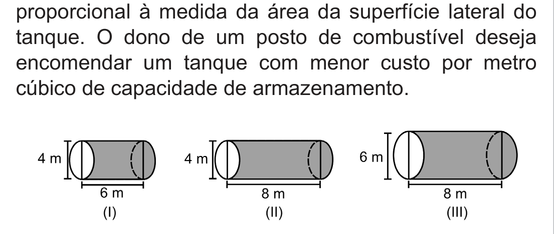 Três cilindros deitados: (I) diâmetro 4 m e comprimento 6 m; (II) diâmetro 4 m e comprimento 8 m; (III) diâmetro 6 m e comprimento 8 m.