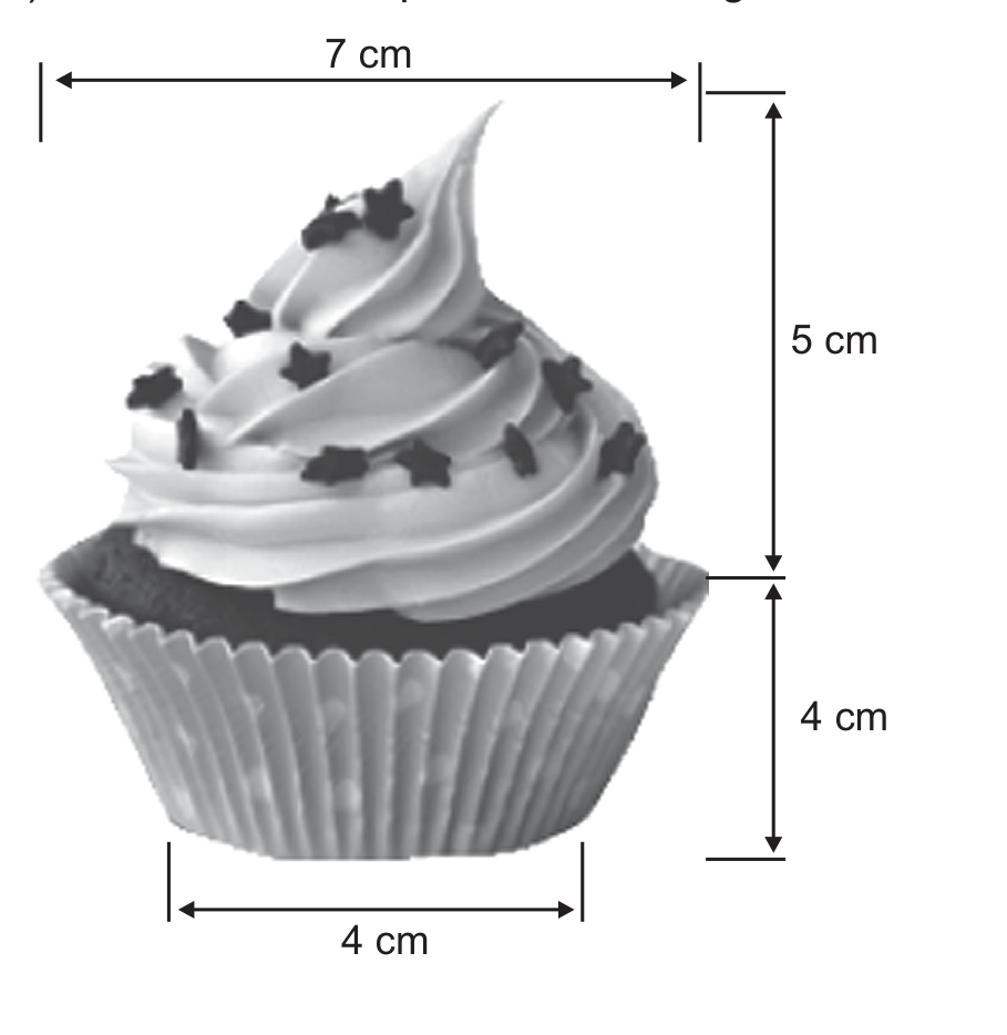 Fotografia de um cupcake (bolinho em forminha de papel com cobertura de creme em espiral e confeitos) com cotas de medida: a largura total, no alto, mede 7 cm; a altura da cobertura, à direita, 5 cm; a altura da parte de bolo (forminha), também à direita, 4 cm; e a largura da base, embaixo, 4 cm.