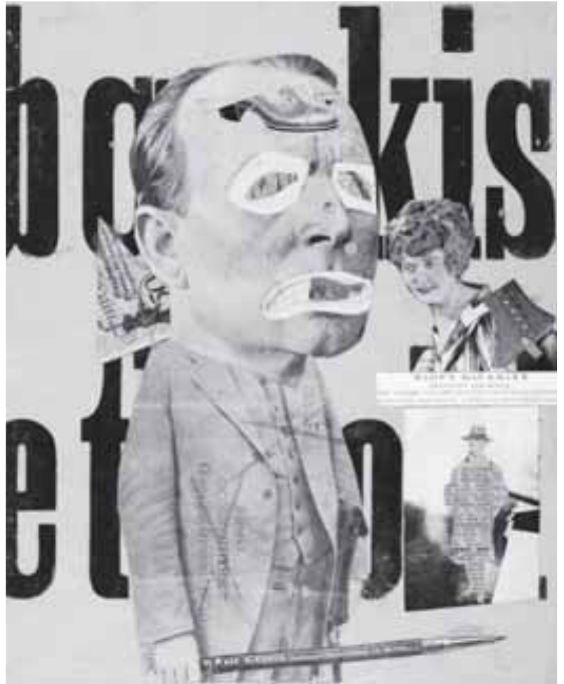 Fotocolagem O crítico de arte, de Raoul Hausmann: figura masculina de terno com cabeça desproporcional, olhos e boca recortados e colados, segurando um lápis grande; ao fundo, letras tipográficas enormes de um cartaz, o recorte de uma mulher, uma nota de dinheiro e a fotografia de um homem de chapéu.