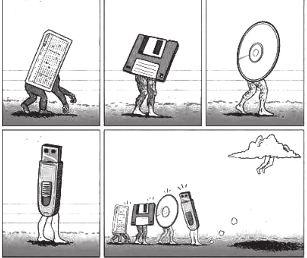 História em quadrinhos sem falas, em cinco quadros, imitando a clássica ilustração da evolução humana. Nos quatro primeiros, um suporte de dados caminha sobre pernas humanas, cada vez mais ereto: um cartão perfurado curvado para a frente, um disquete, um CD e um pen drive. No quinto quadro, os quatro aparecem enfileirados, assustados, olhando uma nuvem com pernas que flutua acima do chão, à direita.