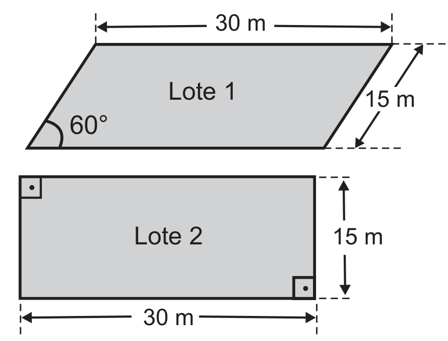 Dois lotes sombreados. O Lote 1 é um paralelogramo inclinado com base de 30 m, lado oblíquo de 15 m e ângulo de 60° entre a base e o lado. O Lote 2 é um retângulo de 30 m por 15 m, com ângulos retos marcados em dois vértices.