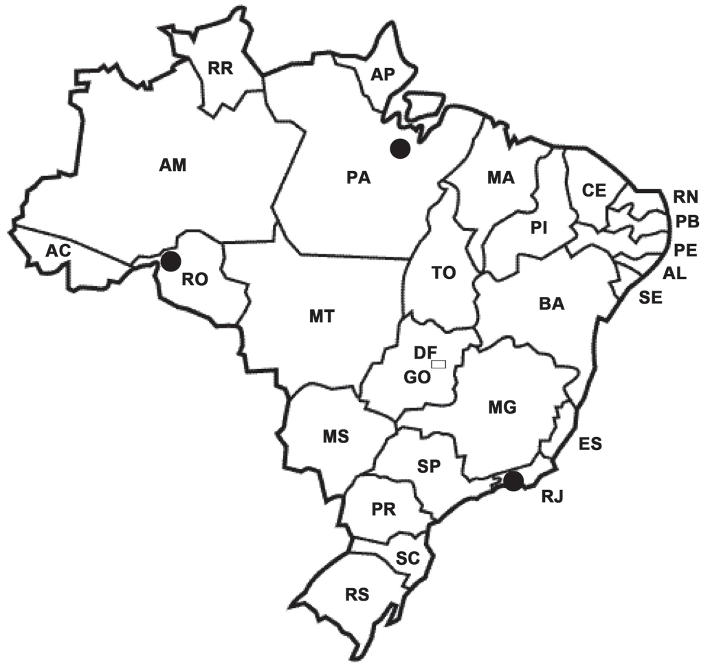 Mapa do Brasil com as divisas estaduais e as siglas dos estados. Três pontos escuros estão marcados: um em Rondônia, próximo à divisa com o Acre e o Amazonas; um no Pará, na porção central do estado; e um no litoral do Rio de Janeiro.