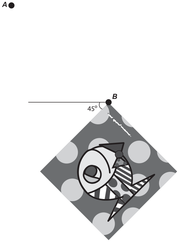 A mesma tela após o giro em torno do ponto B: o quadrado aparece como um losango com B no vértice superior, formando 45° com uma linha horizontal; o ponto A da parede, onde a tela estava presa, aparece isolado à esquerda e acima. O peixe agora está com a cabeça voltada para a esquerda e para cima.