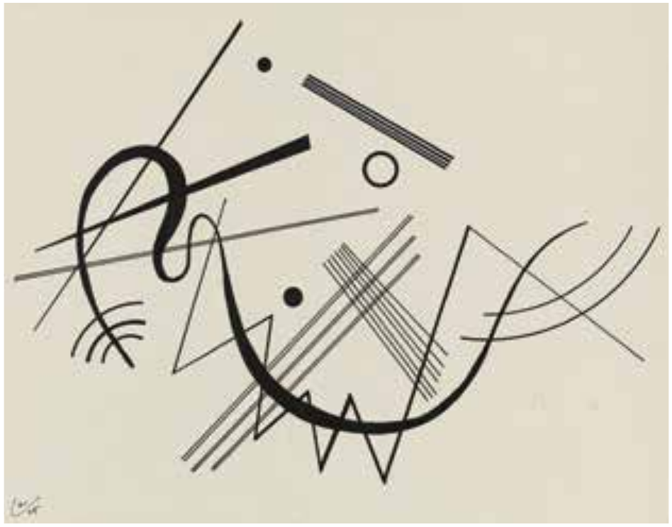 Reprodução de desenho abstrato de Wassily Kandinsky, em nanquim preto sobre papel claro: linhas retas finas e grossas que se cruzam em diagonais, feixes de linhas paralelas, uma linha curva espessa e sinuosa, arcos concêntricos, uma linha em zigue-zague, dois pontos pretos e um pequeno círculo vazado.