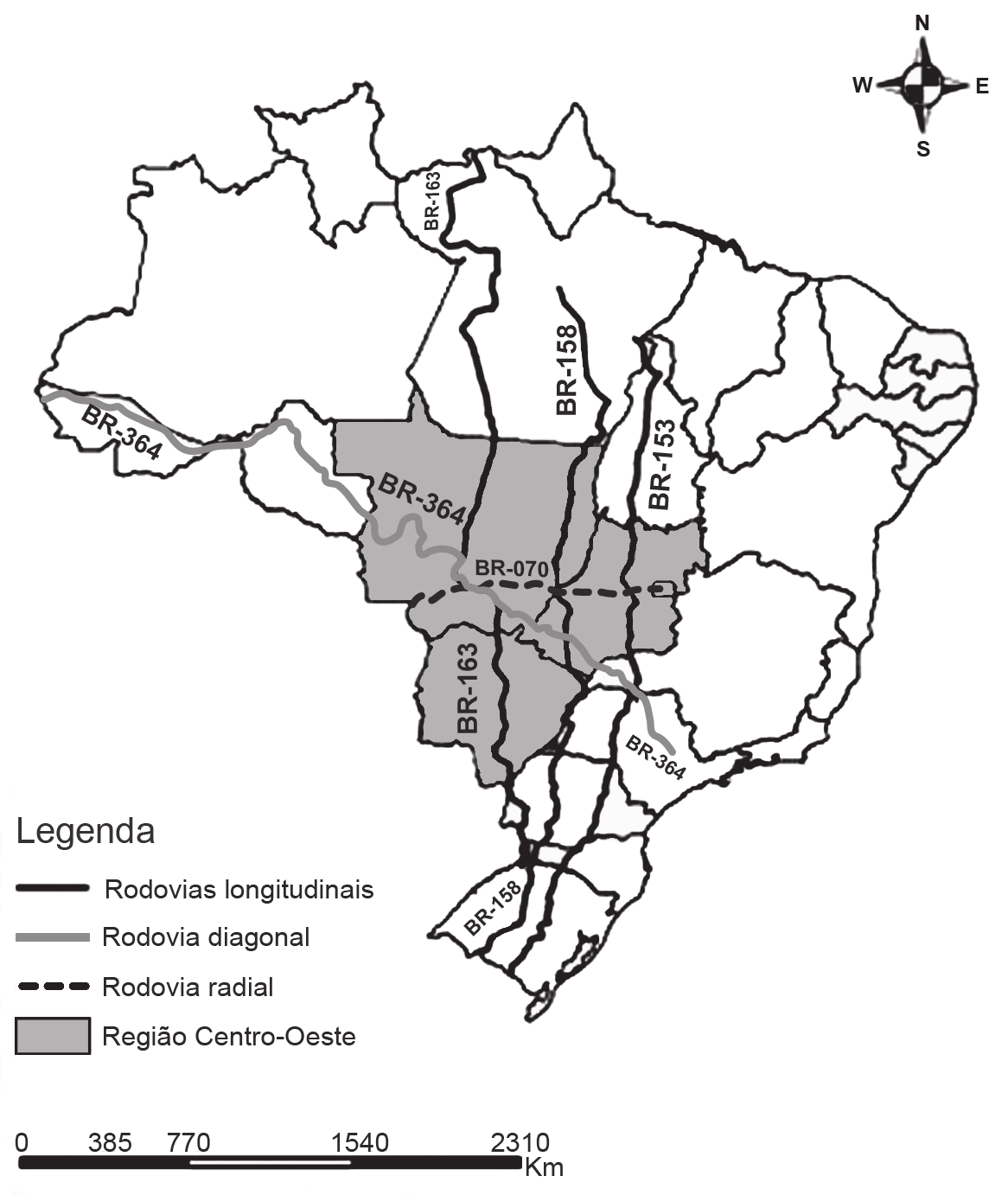 Mapa do Brasil com os estados delimitados; os quatro estados da Região Centro-Oeste aparecem sombreados. Rodovias federais atravessam o país de norte a sul e são identificadas por rótulos ao longo do traçado: BR-163, BR-158, BR-153, BR-364 e BR-070. No alto, à direita, uma rosa dos ventos; embaixo, a legenda e uma escala gráfica de 0 a 2310 km.

Legenda: linha preta cheia — Rodovias longitudinais; linha cinza cheia — Rodovia diagonal; linha tracejada — Rodovia radial; área sombreada — Região Centro-Oeste.